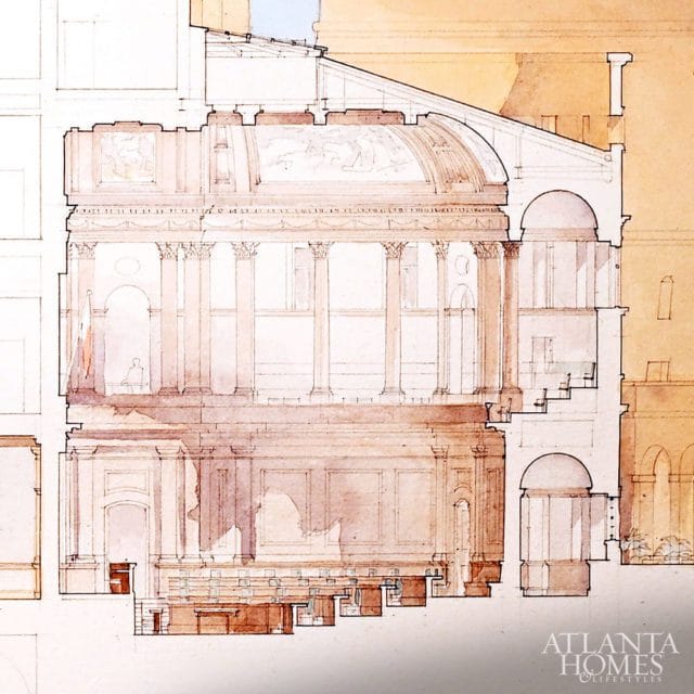 Architectural watercolor rendering showing a cross-section of a classical building with columns, a domed ceiling, and interior details.