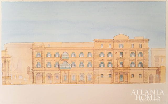 Architectural rendering of a large, multi-story building with a light orange facade, arched ground-floor windows, and green-shuttered windows on upper floors.