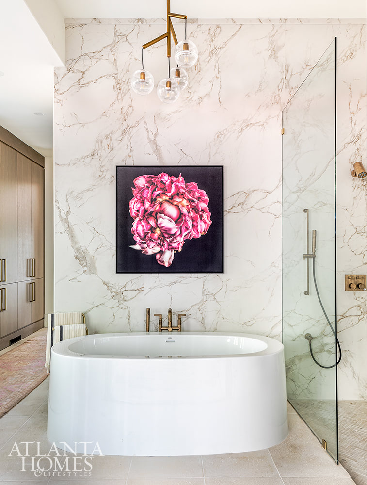 floral art over a deep soaker tub