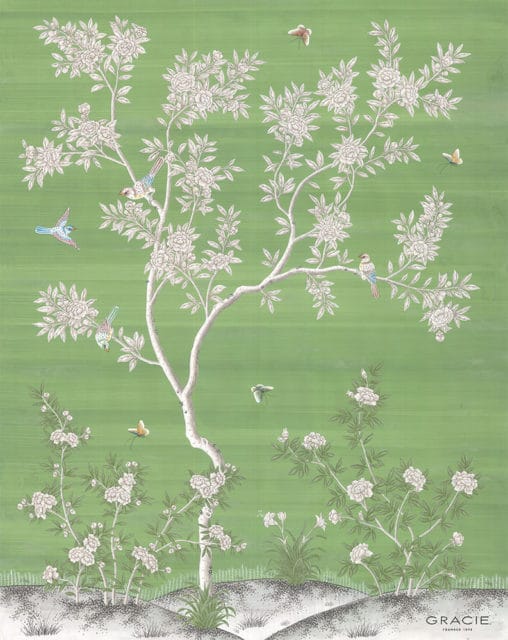 Gracie wallpaper with a white tree, white flowers, birds, and butterflies on a green background.