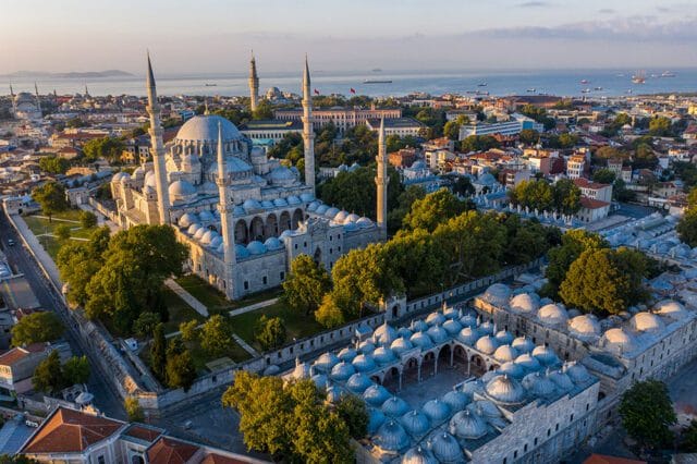 Suleymaniye Mosque complex with domes and minarets, overlooking the city and sea.