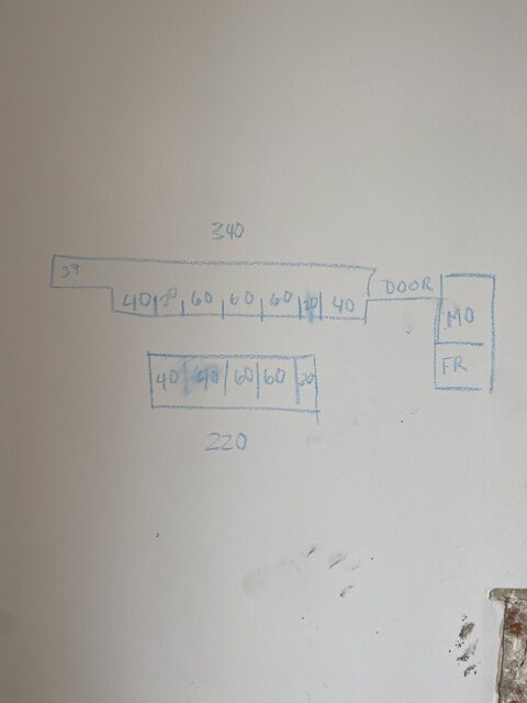 Blueprint sketch with dimensions and labels like '37', '40', '60', '20', '340', '220', 'DOOR'