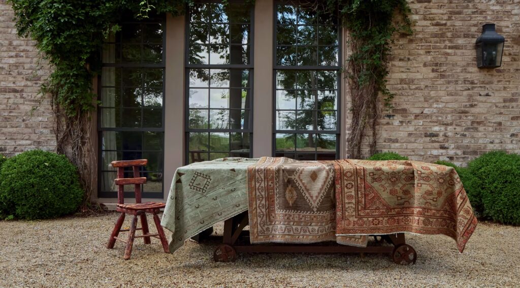 Brick building exterior with large windows, ivy, and display of antique rugs on a cart.