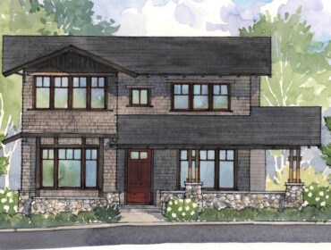Craftsman-style house rendering with stone foundation, wood shingle siding, and dark roof.