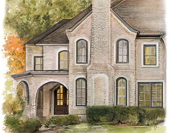 Light-colored brick house with arched entryway, tall windows, and stone chimney.
