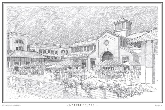 Pencil sketch of Union Pier Market with stalls and people.