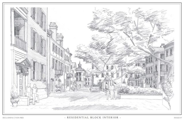 Pencil sketch of a residential block with historic buildings, trees, and people.