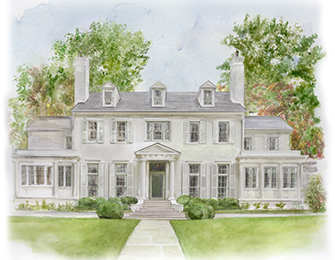 Watercolor painting of a large white colonial-style house with shutters and a green front door.