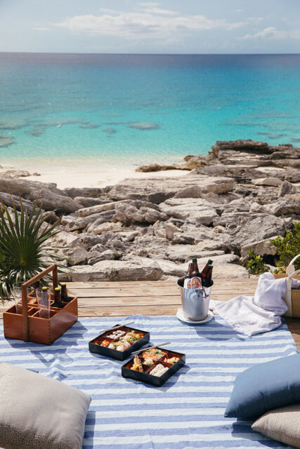 Picnic spread on a blue striped blanket overlooking a turquoise ocean and rocky shore