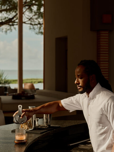 Bartender pouring cocktail at a resort bar with ocean view