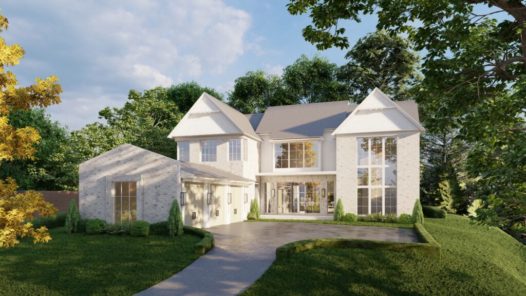 Modern white brick house with large windows and gray roof, surrounded by green trees.