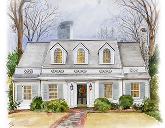White Dutch Colonial house with gray roof, dormer windows, and wreath on front door.