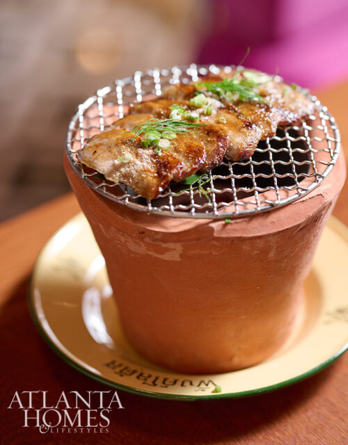Grilled meat on a small charcoal grill with green onions and dill