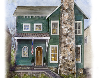 Green house with stone chimney, arched doorway, and American flag