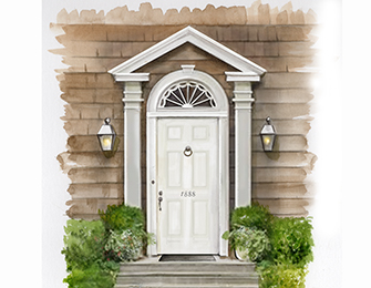 White arched doorway with sidelights and transom, flanked by lanterns and greenery.
