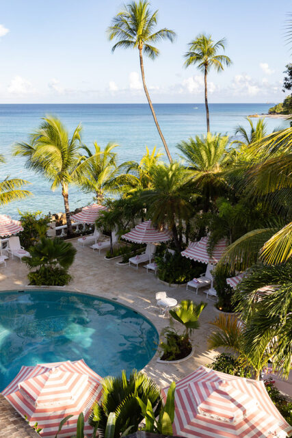 Poolside with pink and white striped umbrellas, lounge chairs, and palm trees overlooking the ocean.