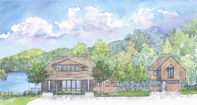 Watercolor rendering of a shingle-style house with a lake and wooded hills in the background.