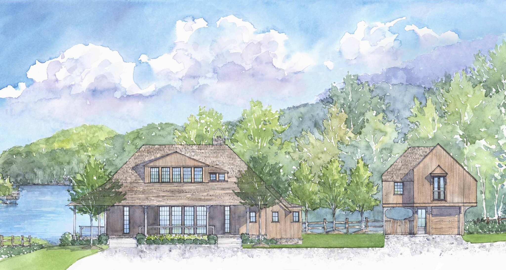Watercolor rendering of a shingle-style house with a lake and wooded hills in the background.
