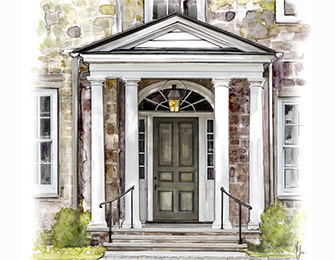 Stone house with white columns framing a dark green paneled door and a hanging lantern.