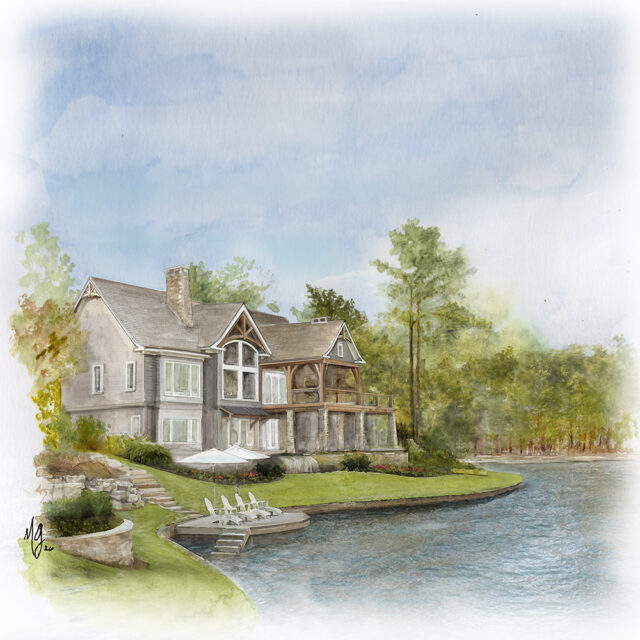 Watercolor painting of a gray lake house with a stone chimney, large windows, and a wooden deck