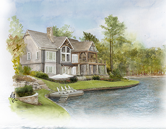 Gray lake house with stone chimney, large windows, and wooden balconies overlooking the water.